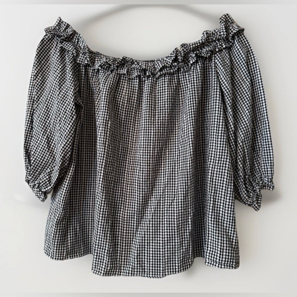 Very J black & white gingham check off the shoulder boho blouse